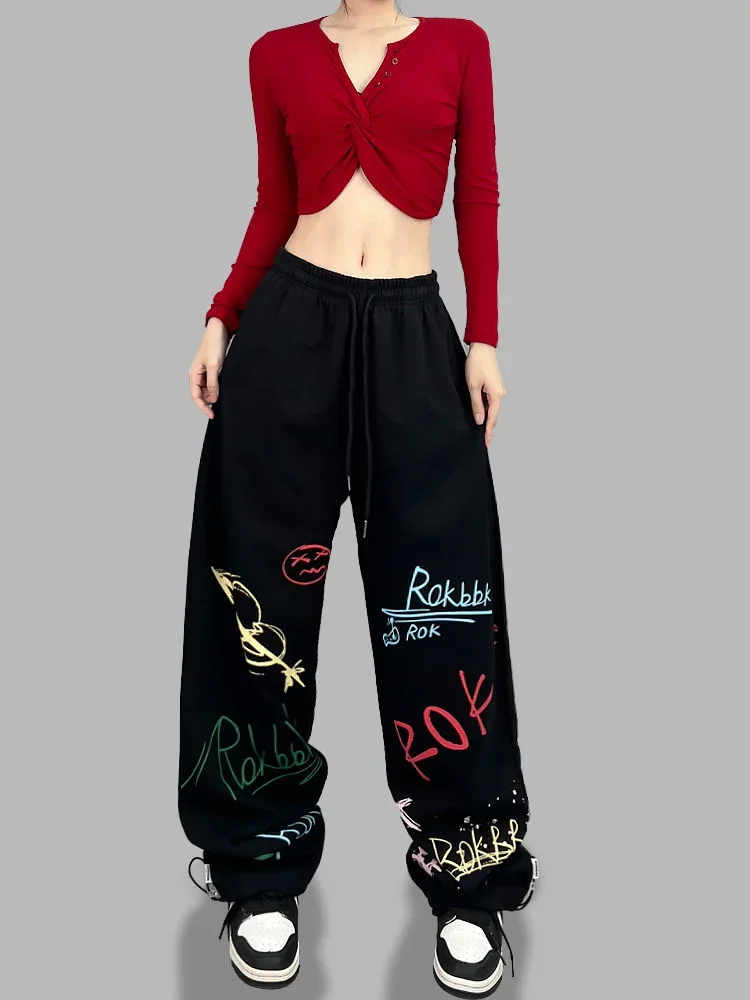IMU Street Dance Women' s Black color graffiti hip hop long pants Spring and autumn High Waist Personality Letter Print Long Tro