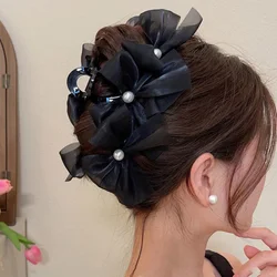 Bow Pearl Hair Clip for Women 2024 New Trendy Hair Accessories Large Size Shark Clip Mesh Crab Hair Clips Girls Headdress Gifts