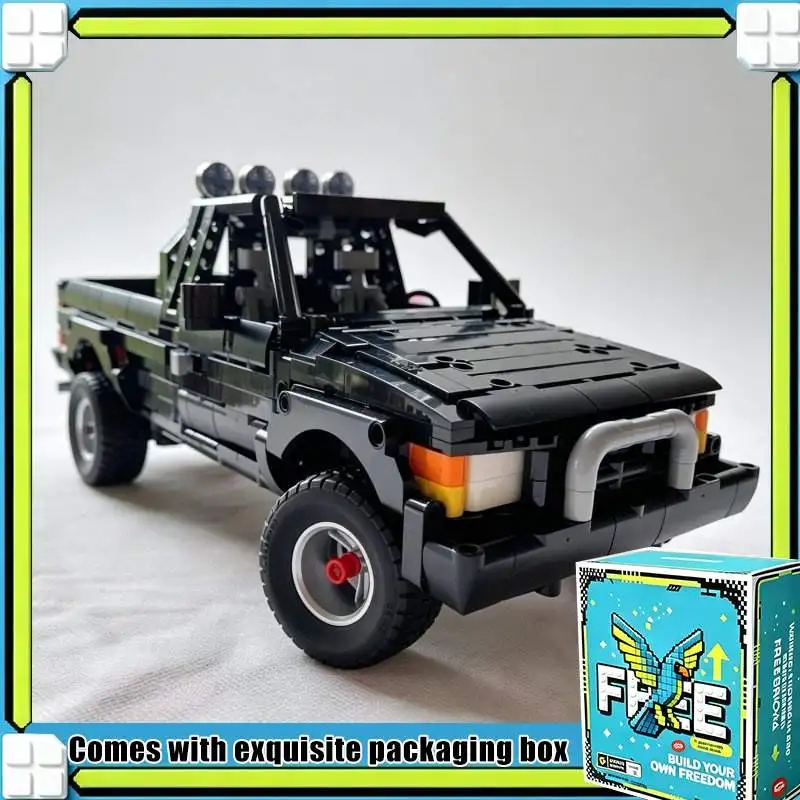 1344PCS MOC Classic Black Off Road Pickup Truck with Roof Light Bar Model Custom Puzzle Building Blocks DIY Assembly Toy Gift