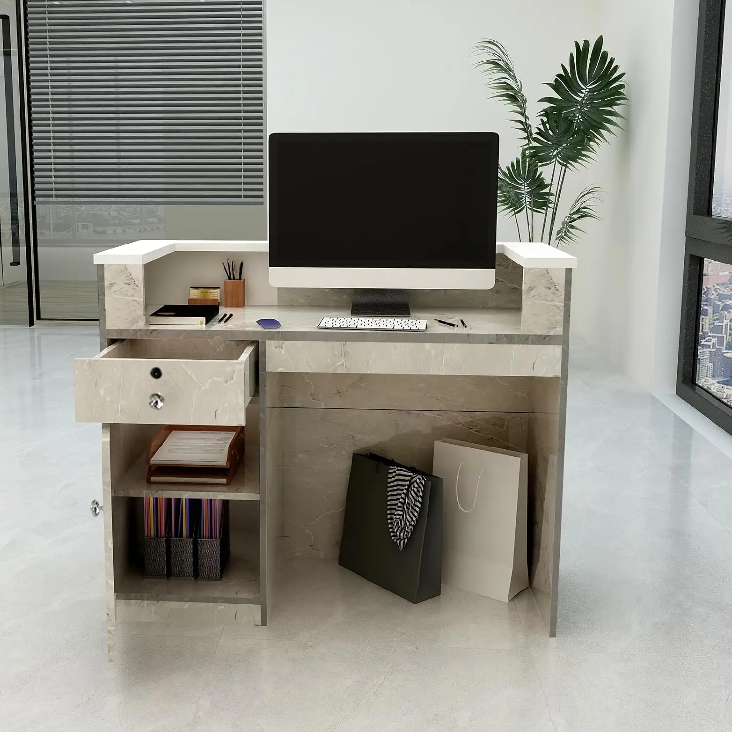 Reception Desk With Counter Modern Front Office Table Retail Counter Checkout With Lockable Drawers & Private Panels For Beauty