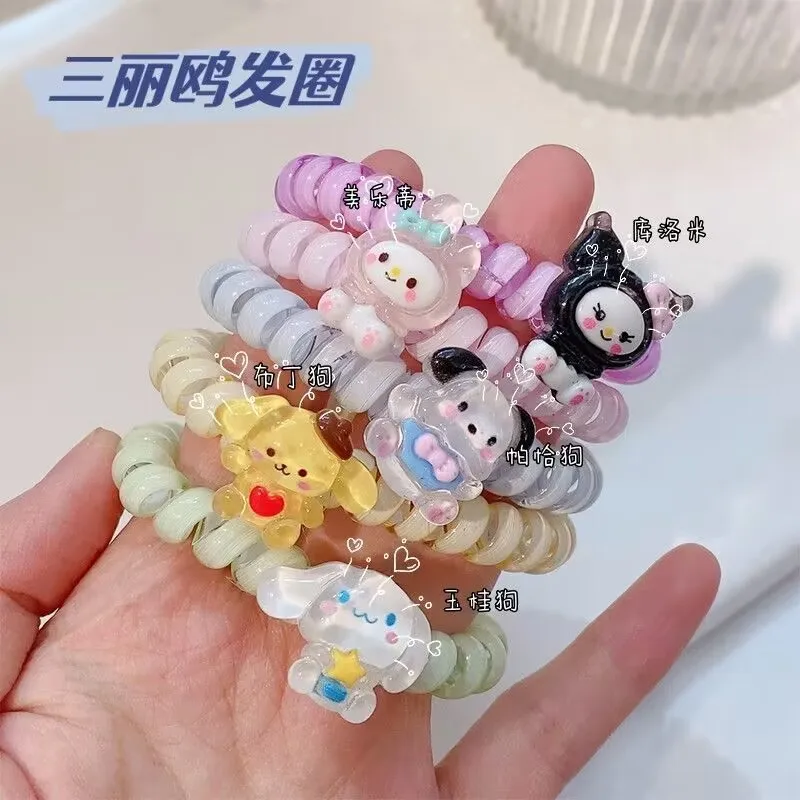 5Pcs Set Sanrio Kuromi Melody Phone Line Hairband Cartoon High Stretch Sweet Hair Accessory Bracelet Female Head Rope Girl Gift