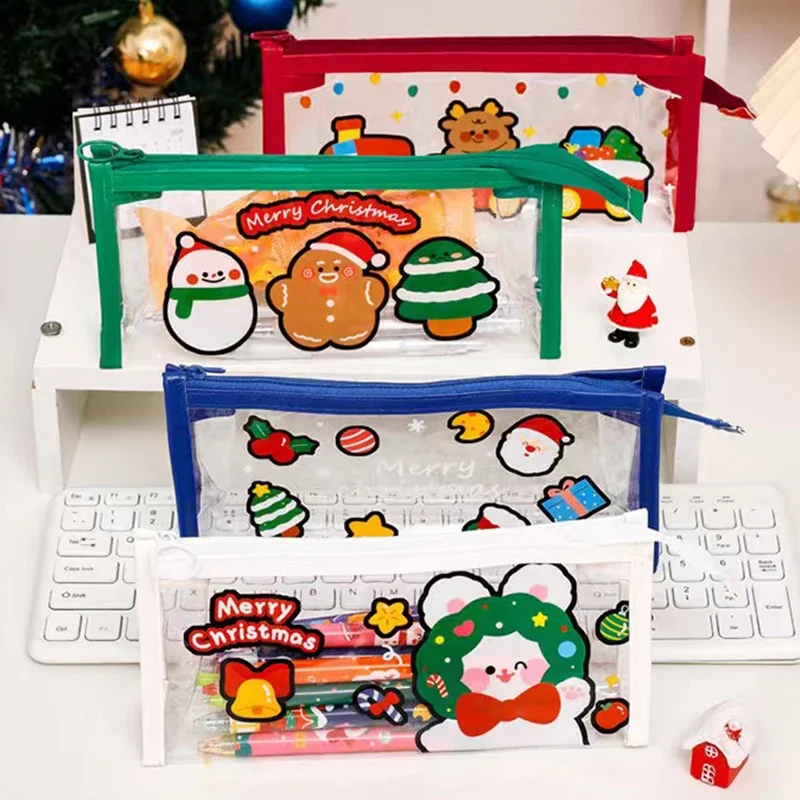 Chrismas Pencil Case Office Stationery School Supplies Santa Claus Snowman Tree Deer PVC Transparent Pencil Bag Christmas gift