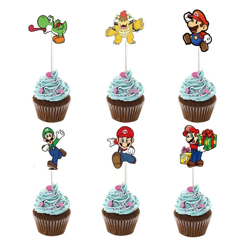 

24pcs Super Mario Bros Accessories Children Party Cupcake Decoration Luigi Yoshi Bowser Anime Cartoon Birthday Party Supplies