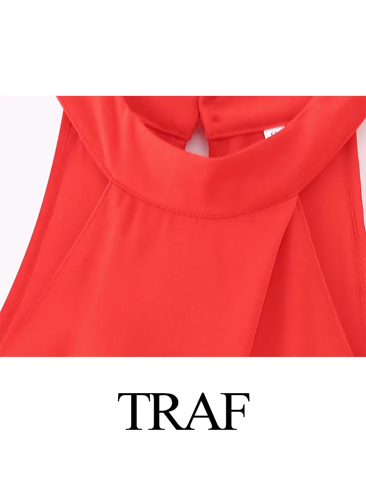 TRAF Women New Fashion Casual Red High Waist Wide Leg Jumpsuit  Elegant Hanging Neck Sleeveless Slim Holiday Playsuit Mujer