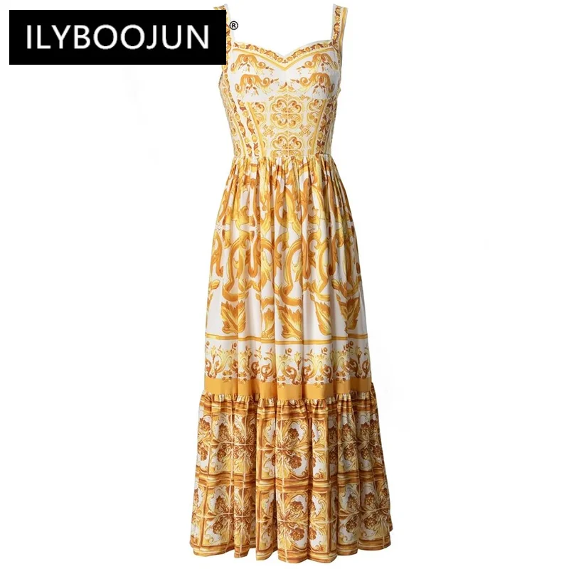 

ILYBOOJUN Fashion Designer Summer Backless Dress Women's Spaghetti Strap Sleeveless Baroque Print Vintage Party Dresses