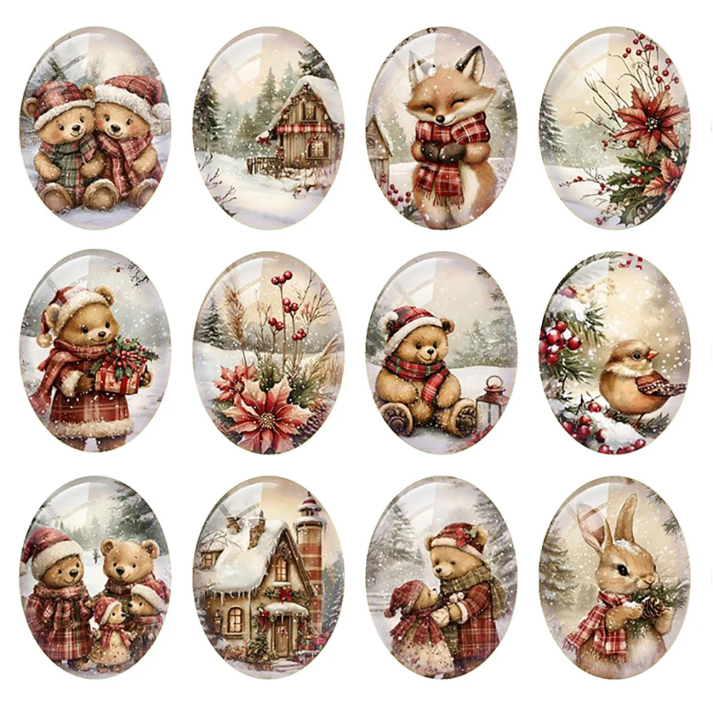 

10pcs/lot Christmas Winter Snow Animals Rabbit Bear Fox Bird Oval Photo Glass Cabochon Flatback Demo Cameo Diy Jewelry Making