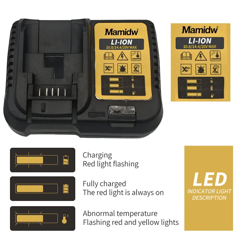 

Зарядное устройство для литиевой батареи Mamidw 2A для Dewalt 10,8 В 12 В 14,4 В 18 В 20 В DCB206 DCB205 DCB204 DCB203 DCB120, DCB107 DCB115 DCB105