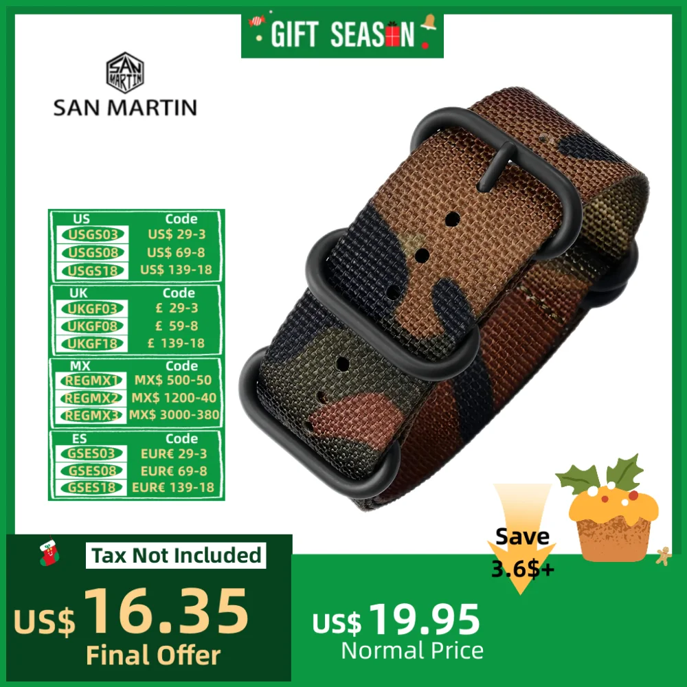 San Martin Military Nylon Strap For Watch 20mm 24mm Watchband Breathable Canvas Wrist Band Army Green Camouflage Pin Buckle Belt