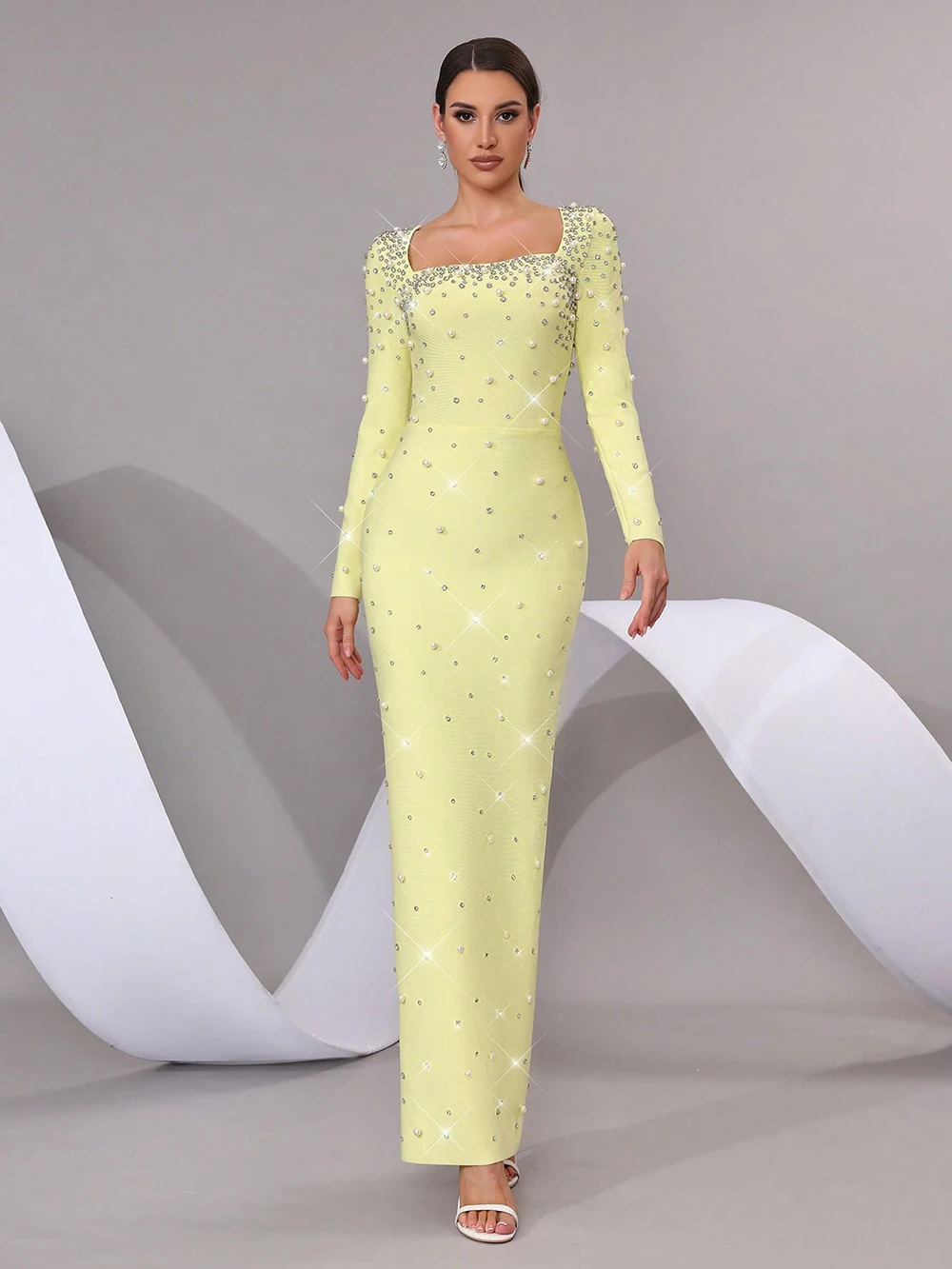 

Modphy Роскошное элегантное длинное платье с бриллиантовым жемчугом и квадратным вырезом, женское бандажное платье макси с длинными рукавами, торжественное вечернее платье