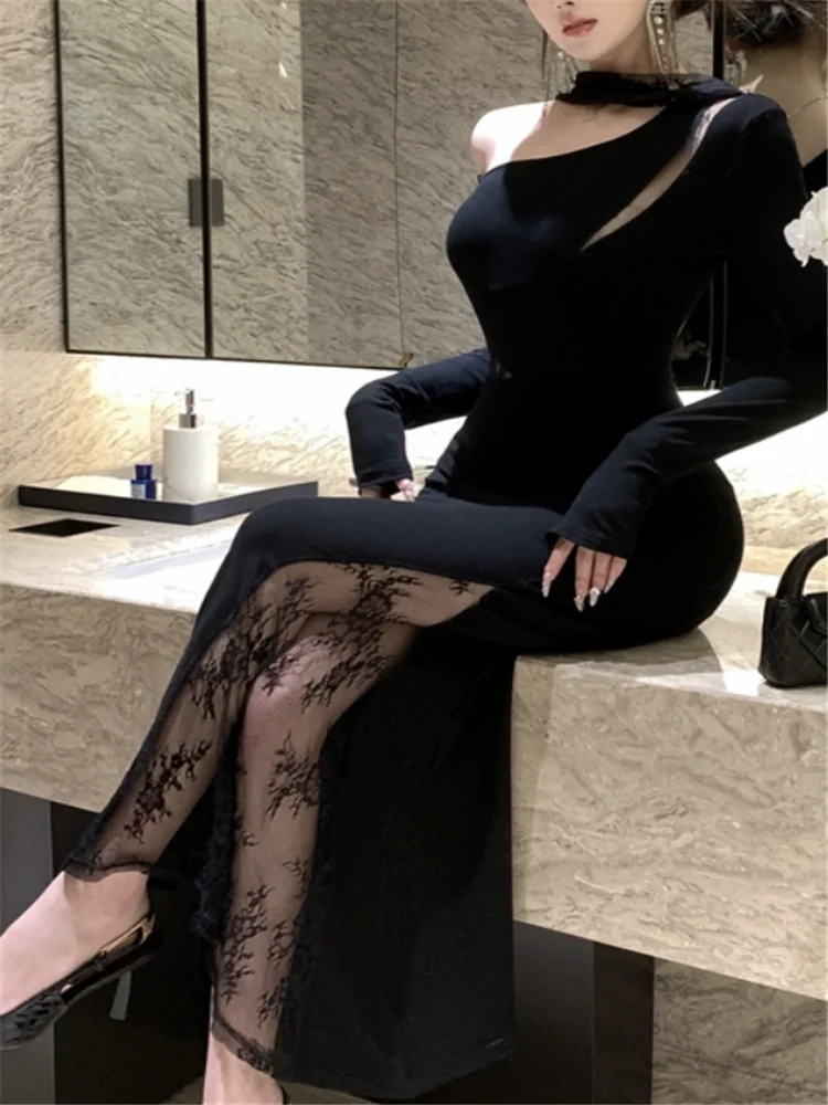 Elegant French Women Black Lace Patchwork Pencil Dress Off Shoulder Long Sleeve Mermaid Dress Ribbon Tight Cocktail Party Dress