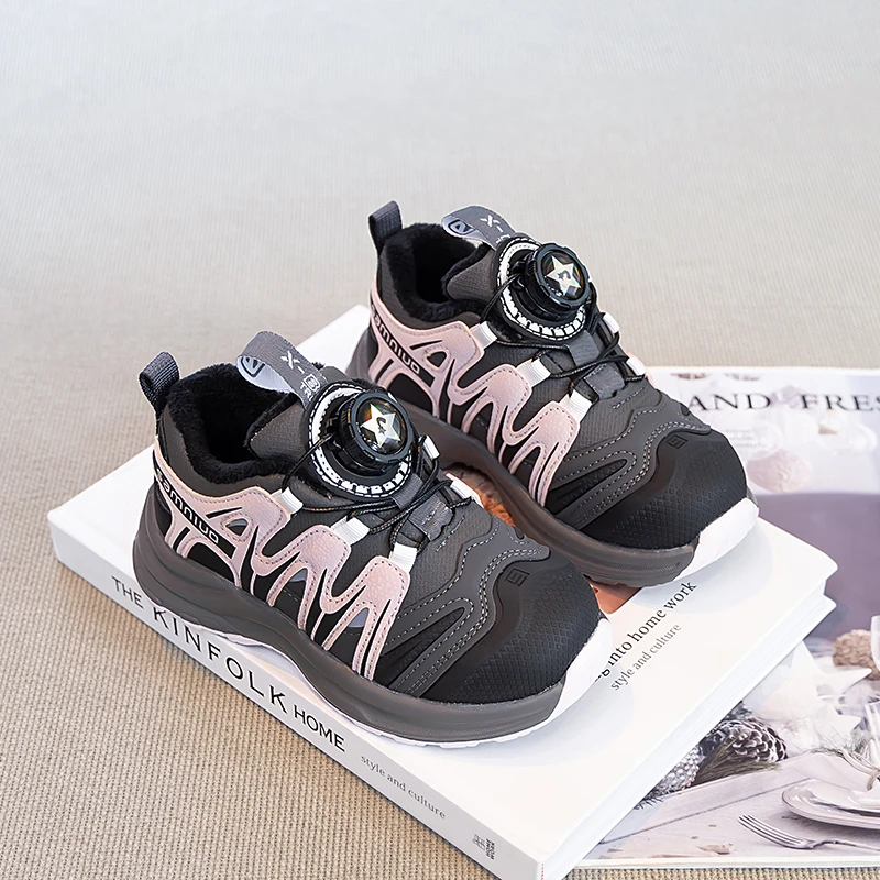 

Новые зимние детские спортивные туфли с вращающейся пряжкой, противоударные и противоскользящие кроссовки для бега, флисовые теплые хлопковые туфли для девочек