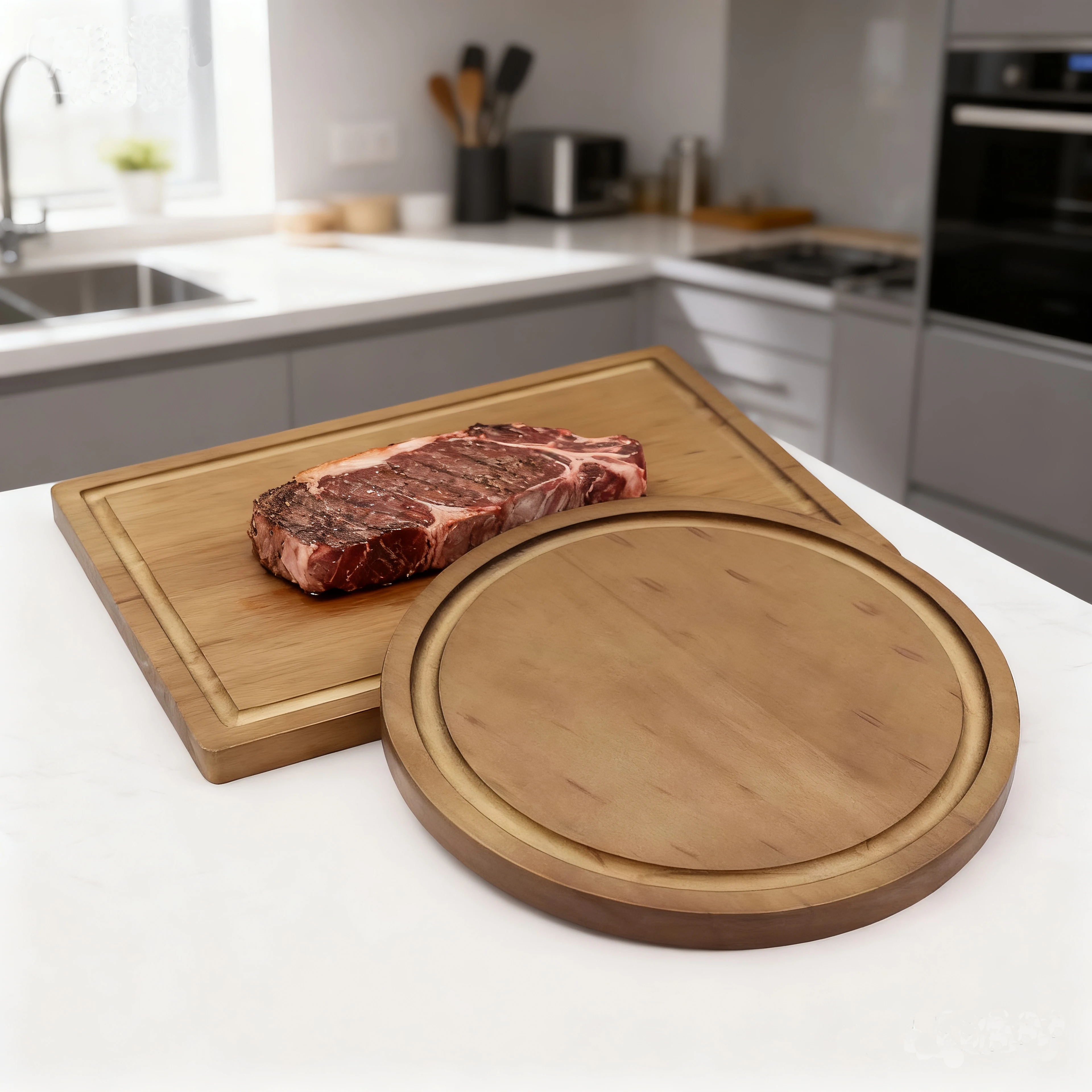 Jaswehome Western Wooden Cutting Board Double-side Chopping Board with Juice Groove Walnut Wood Color Serving Tray Kitchen Tool