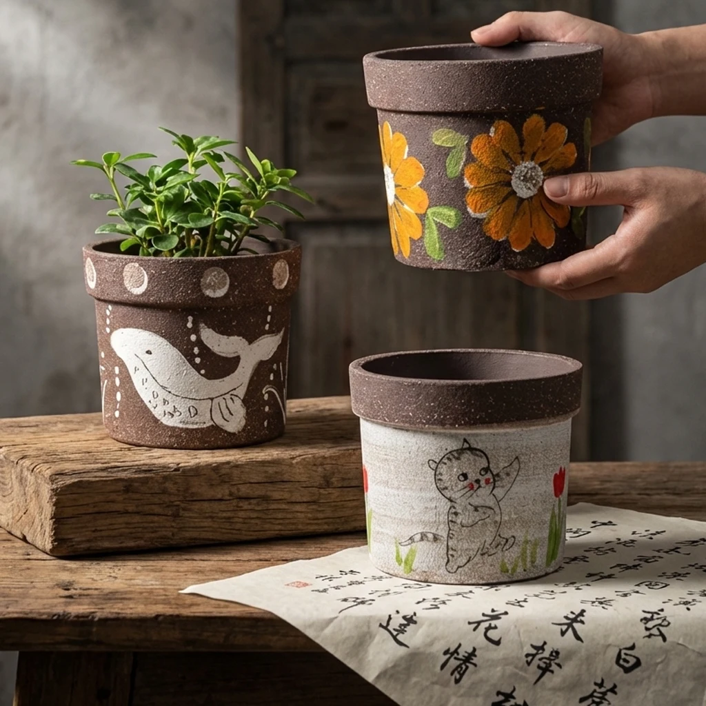Nordic Simple Hand-painted Rough Pottery Flowerpot Handmade Ceramic Retro Living Room Green Phalaenopsis Flowerpot Ornaments