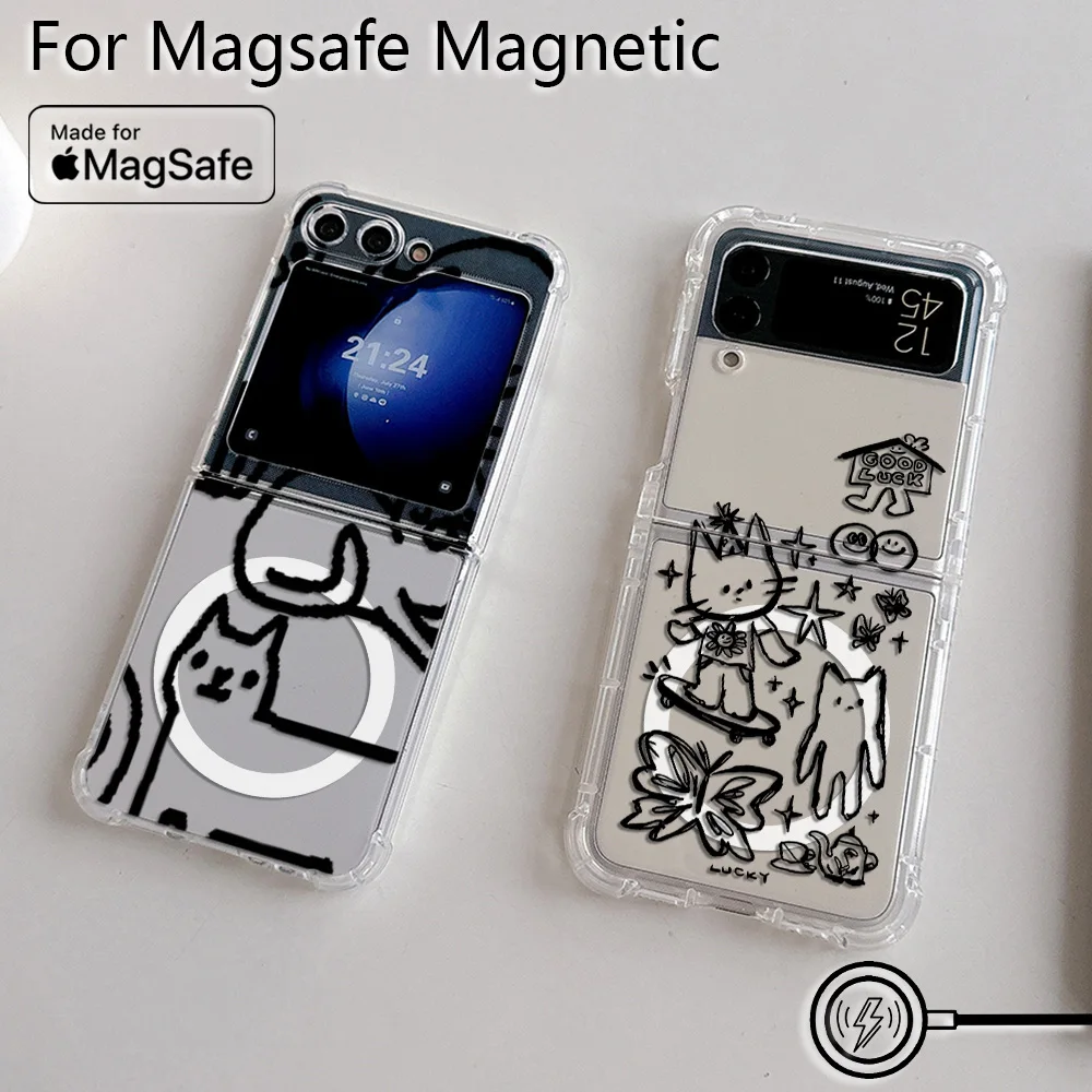 Cute Cartoon Funny Black Cat Magsafe Magnetic Phone Case for Samsung Galaxy Z Flip 3 4 Z Flip 5 6 Z 5G Transparent Back Cover