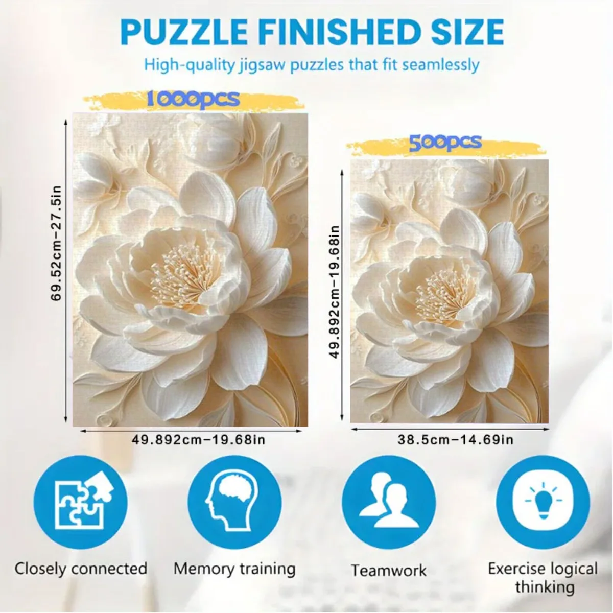 Rahmenloses 500/1000-teiliges Puzzle für Erwachsene, dreidimensionales Relief-Puzzle mit weißen Pfingstrosen, das die elegante Zeit und sanfte Fingerspitzen darstellt.
