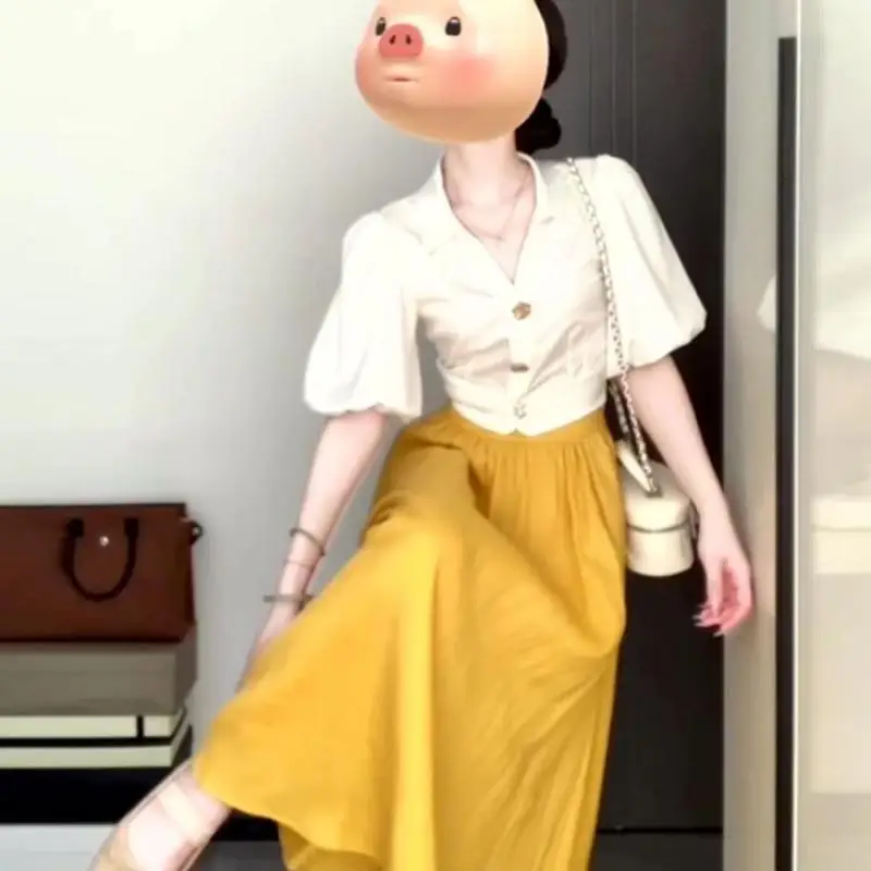 

Женская юбка, весенняя корейская новая модная повседневная темпераментная рубашка с высокой талией, длинные юбки трапециевидной формы, женский комплект из двух предметов