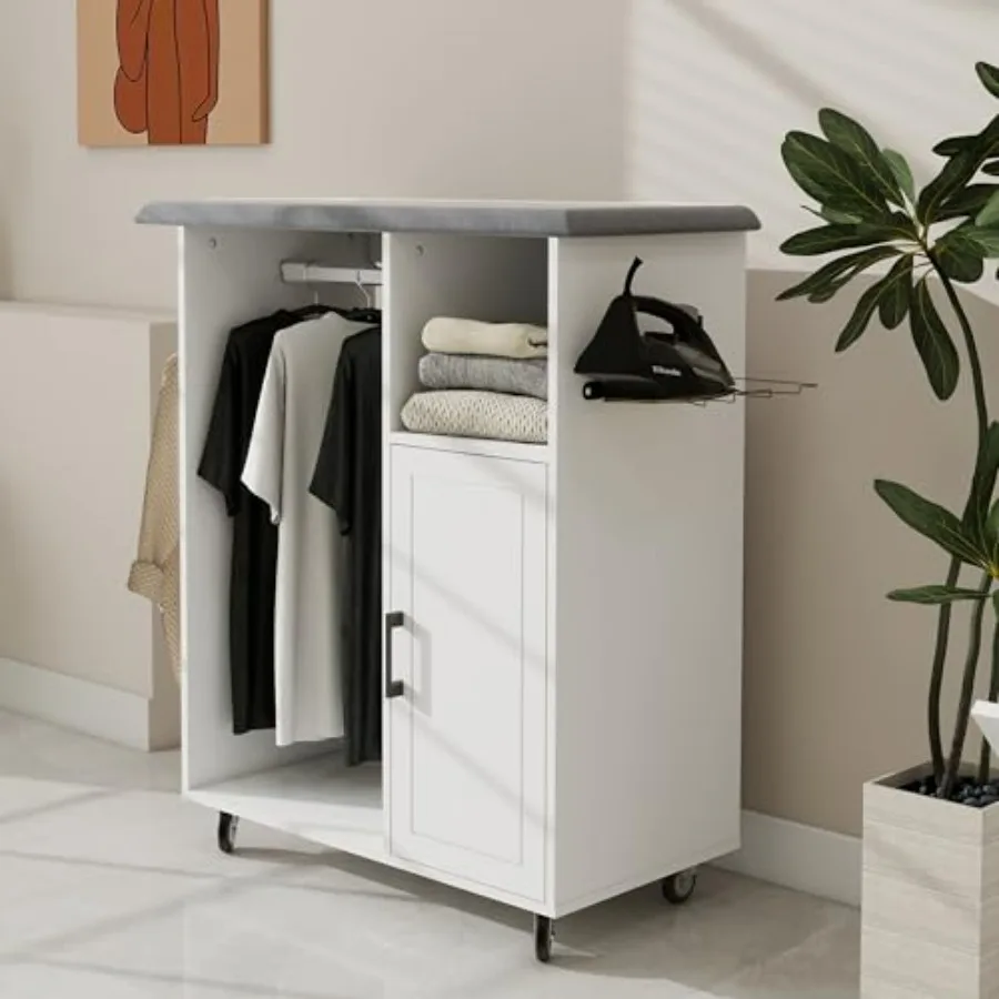 

Rolling Ironing Station with Built-in Ironing Board White Mobile Laundry Cart with 3-Tier Shelves Hooks Foldable Ironing Cabine