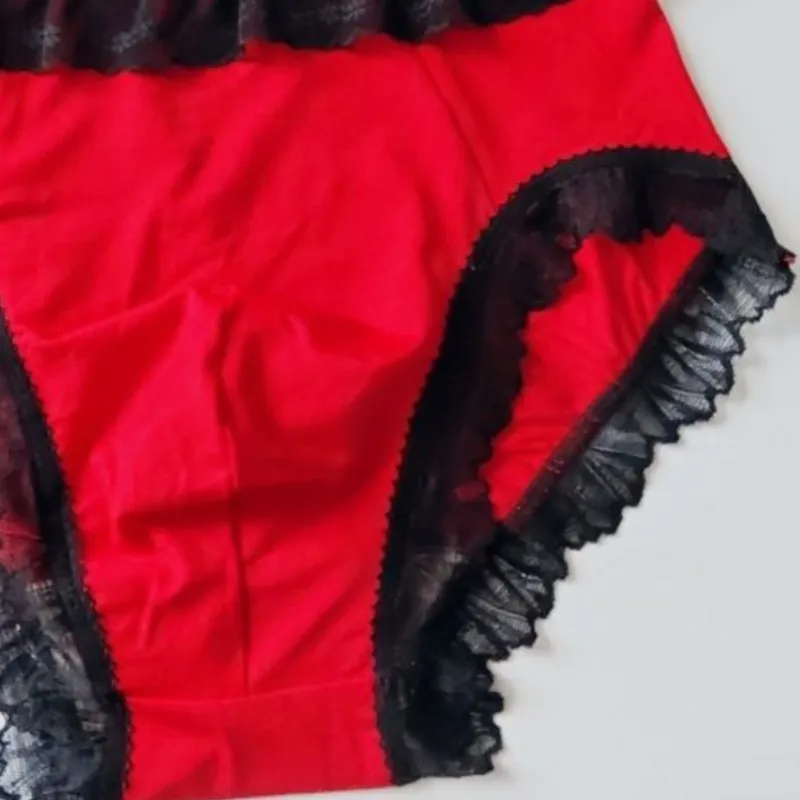 Men French Lace Trim Briefs Breathable High Elastic Convex Pouch Underpant Sexy Thin Cross-dressing Soft Cotton Bow Underwear