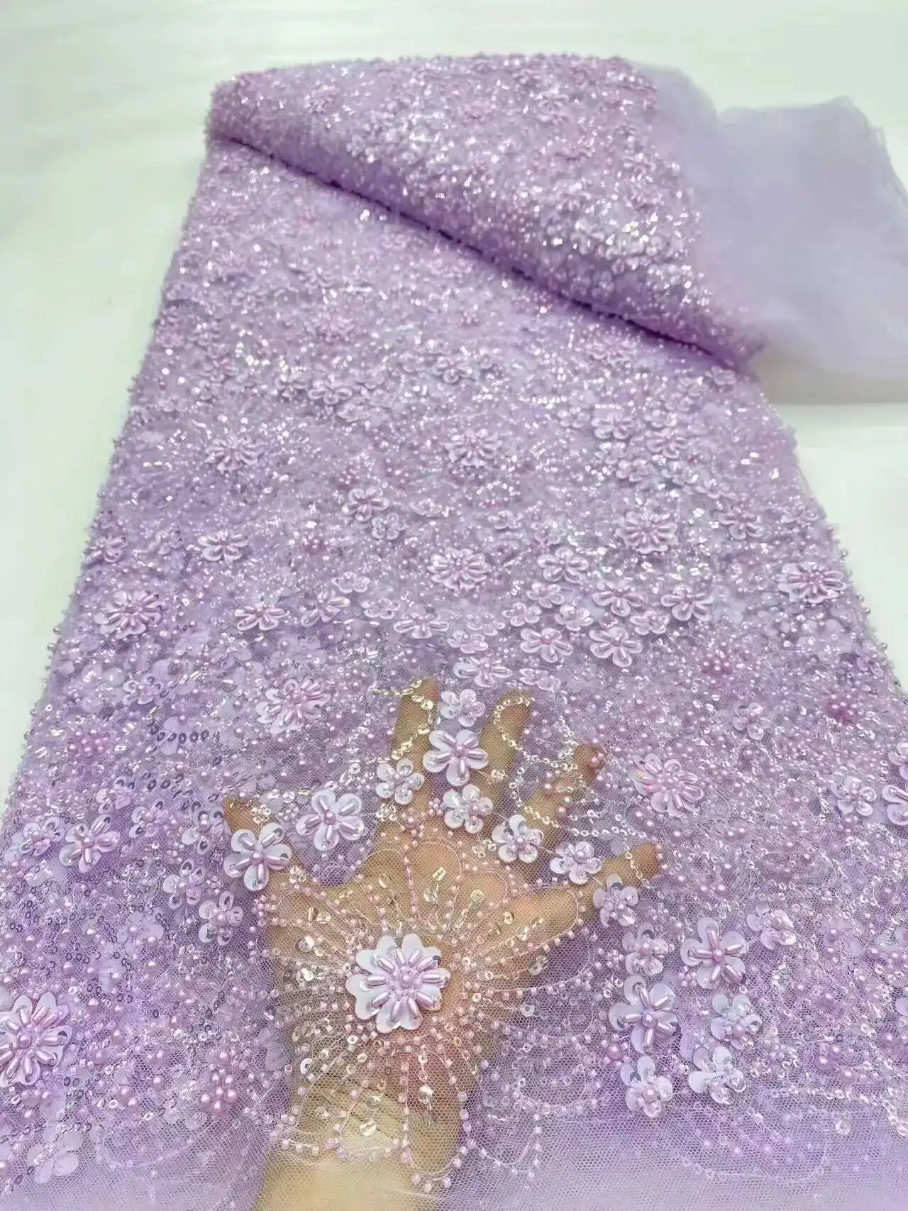 

African Lace Fabric 2025 High Quality Lace Sequins 3D Beads Embroidery French Lace Fabric Nigerian Lace Fabric For Sewing