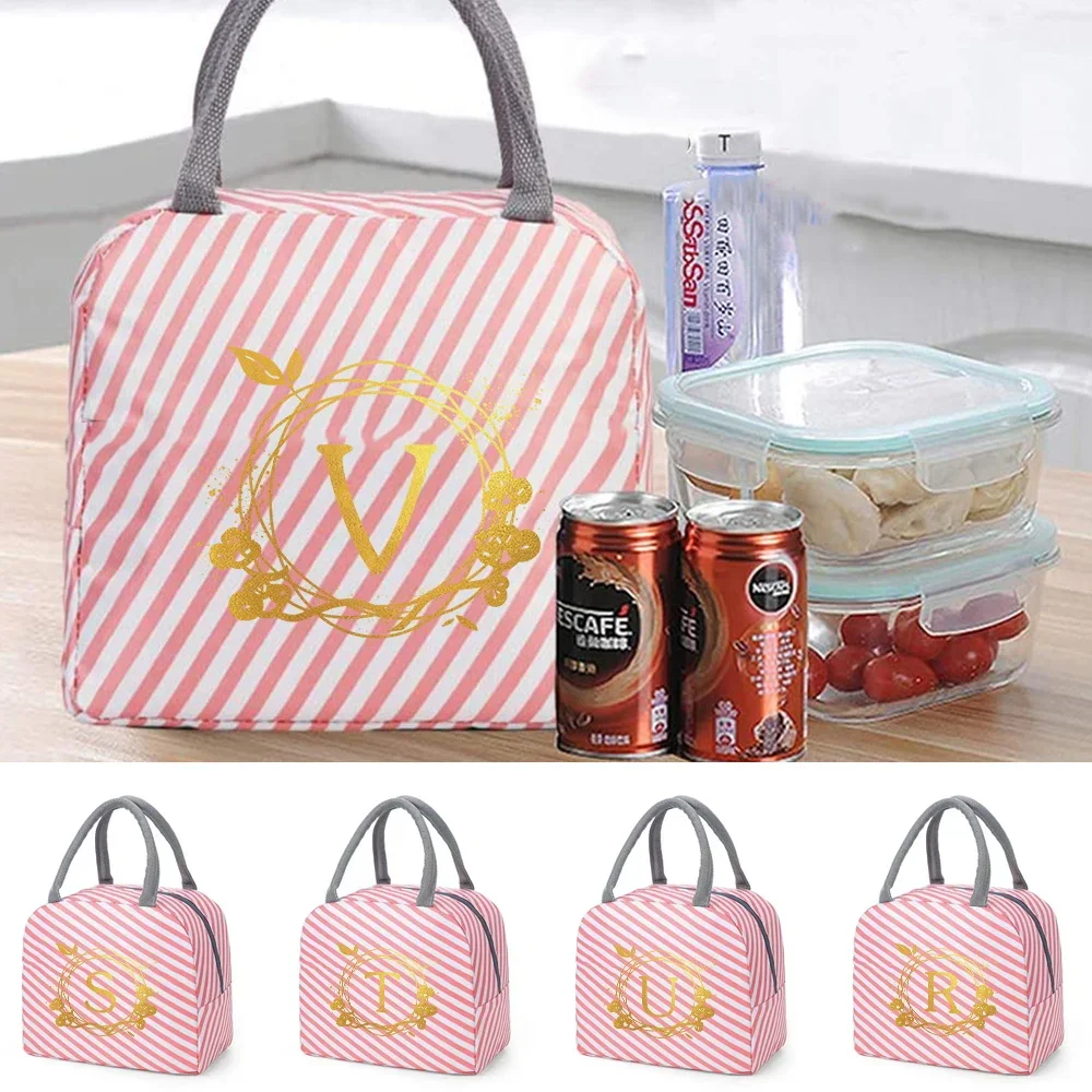 Thermal Lunch Bag for Kids & Girl Multi-size Pink Stripe Lunch Box Bag Shoulder Waterproof Wreath Printing