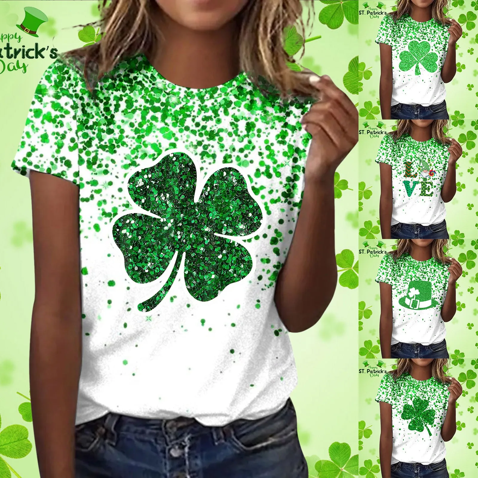 

St. Patrick's Day Women Fashionable Round Neck Short Sleeve Printed Tunic T Shirt Top Graphic Green Carnival Festival