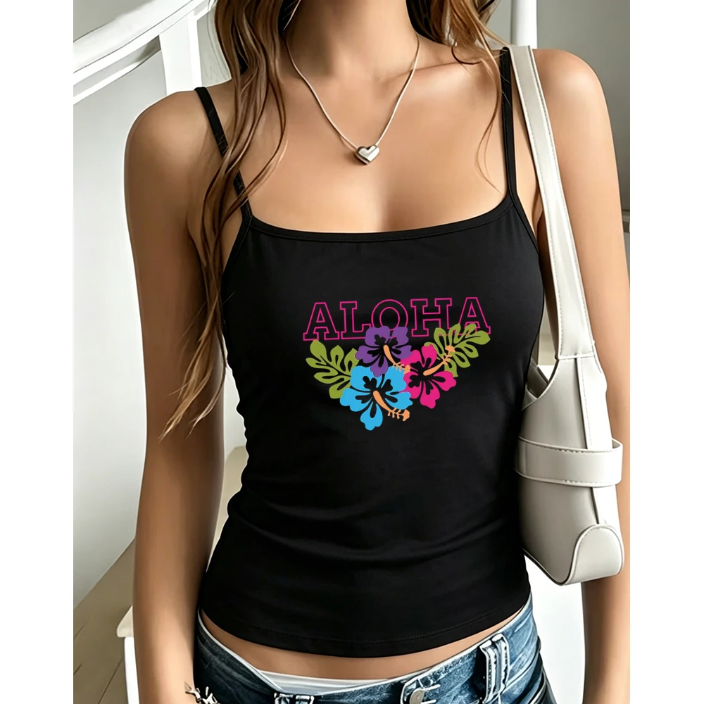 Aloha Tropical Floral Graphic Camisole Women Summer Hibiscus Print Tank Top Y2K Sleeveless Vest For Beach Holiday Travel Chic