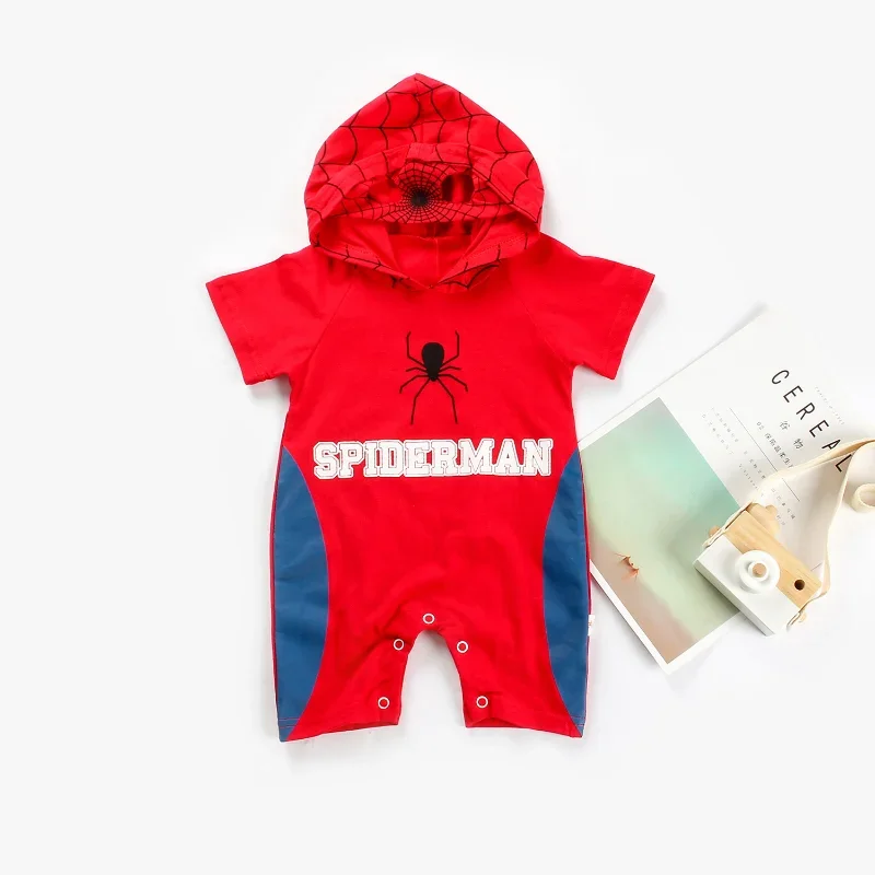 0-2 Years Old Baby Boy Marvel Superhero Spider-Man Four Pattern Shape Summer Cotton  Short-sleeved Baby One-piece Travel Clothes