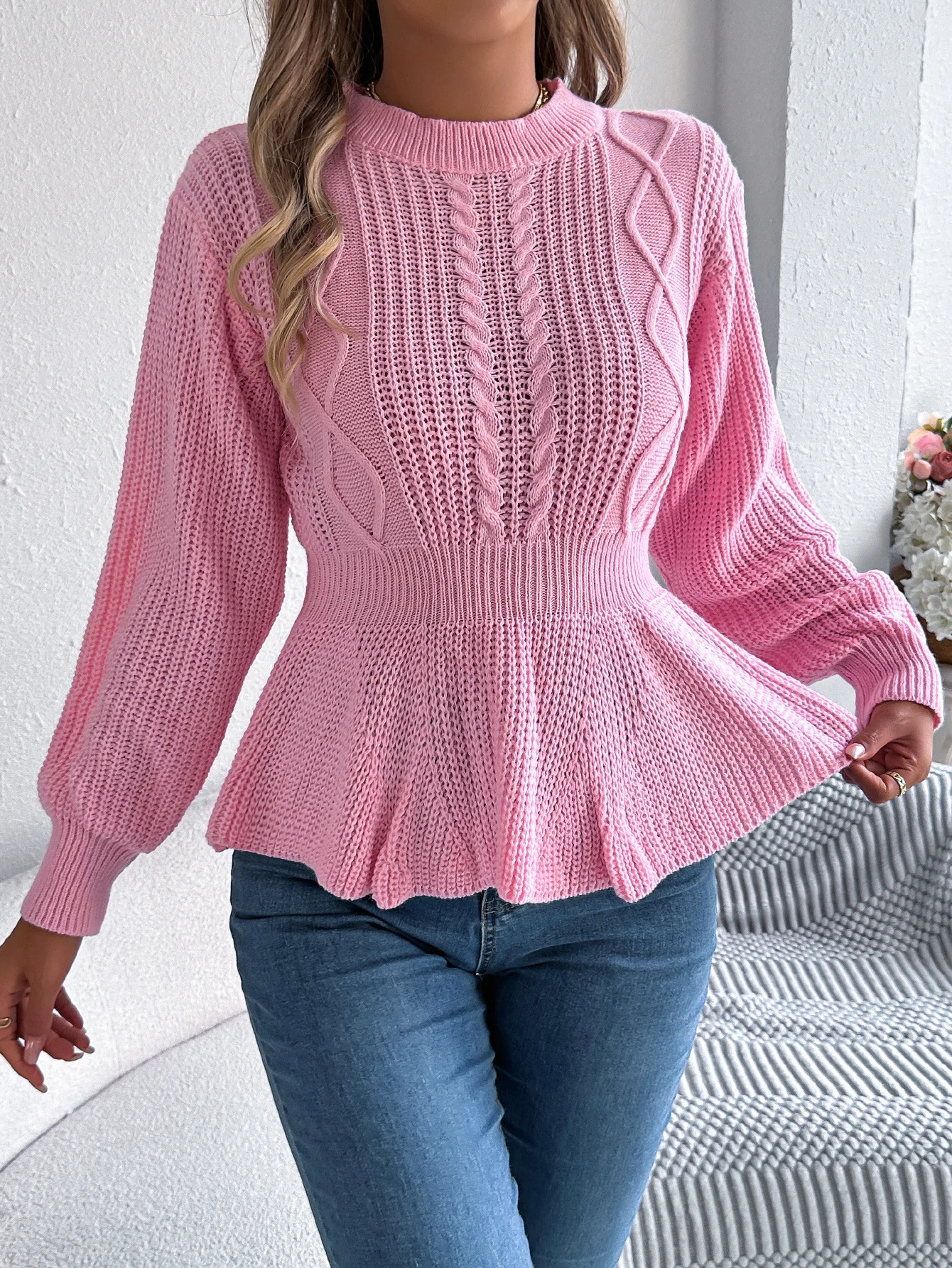 

Autumn New Solid Color Sweater For Women Fashion O-neck Long Sleeve Long Sleeve Ruffle Slim Pullover Lady Casual Warm Sweater