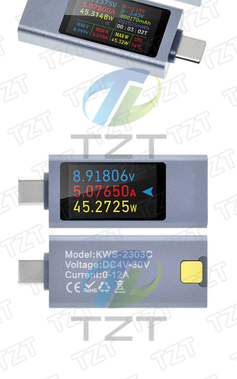 KWS-2303C Multifunktions-Digitalanzeige DC-Spannungsmesser Amperemeter Leistungsmesser Typ-C Handy-Ladetester DC 4-30V 0-12A – Detail 11