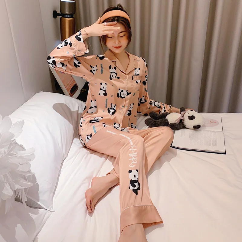 Luxury Ice Silk Cartoon Panda Printed Satin Pajamas Set Long Sleeve Shirt Pants Soft Sleepwear Homewear