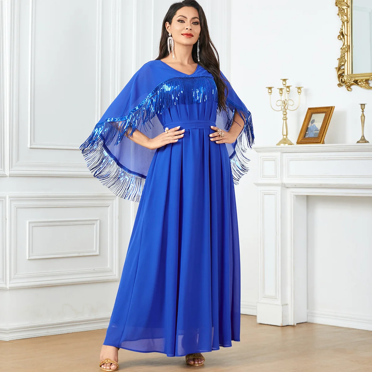 

Arab Moroccan Casual Chiffon Beading Tassel Long Dresse With Cloak Fashion Party Belt Abaya Saudi Turkish Clothing Muslim Dress