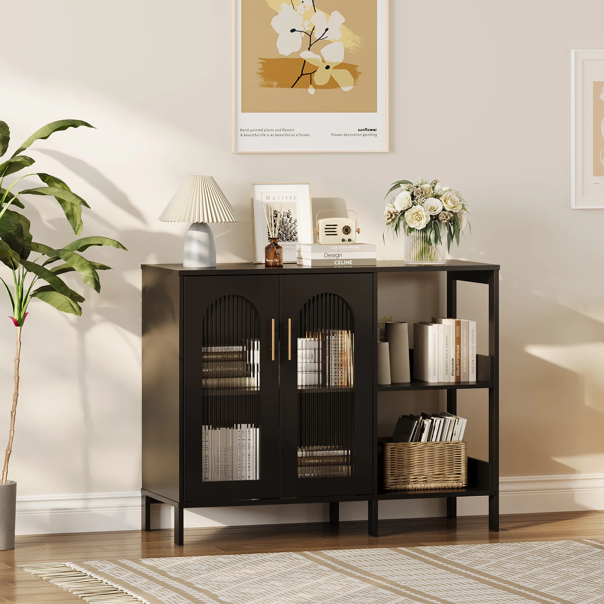 

Modern Storage Cabinet with Glass Doors Wooden Sideboard Buffet Cabinet for Living Room Dining Room and Kitchen, Black