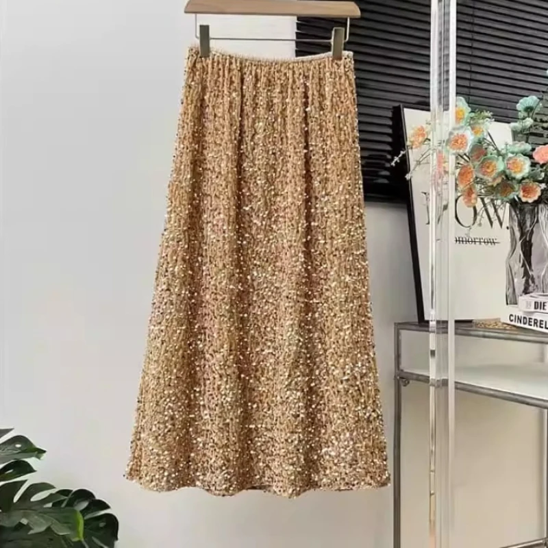 

Sparkly Sequin Split Skirt for Women Vintage High Waist Elegant Glitter Midi Skirt Fall/Winter 2025 Outfits