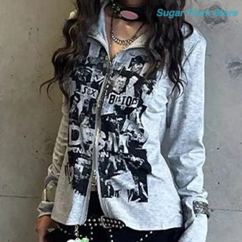 Punk Street Style Autumn Women's New Slim Zipper Shirt Black and White Collage Pattern Letter Printing Fashion Casual Cardigan