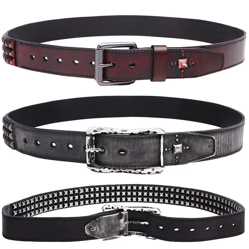 men fashion genuine leather studded belt vintage pin buckle belts punk rock dress strapon black red brand designer waistband