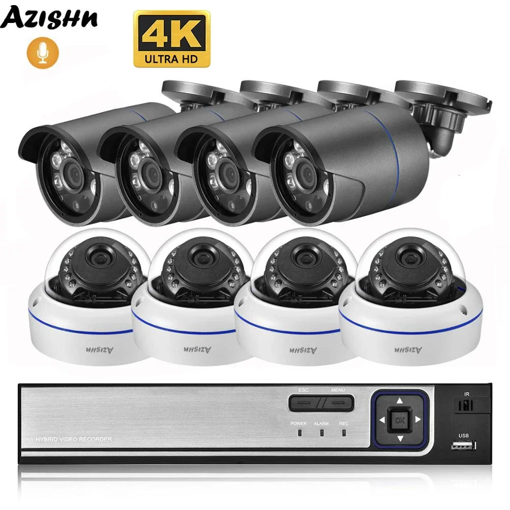 

AZISHN 4K Ultra HD 8MP Система камер безопасности h.265 POE NVR Комплект CCTV Открытый Металлический Белый Купол Набор IP-камер видеонаблюдения