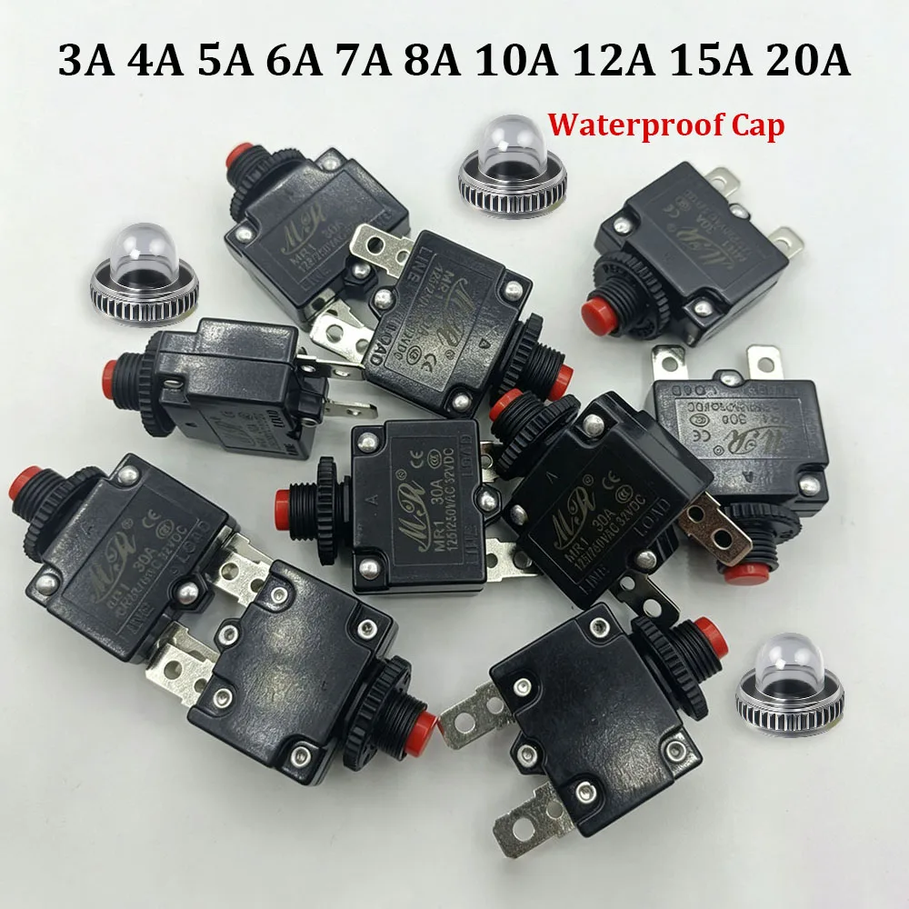 1 Set Circuit Breaker Overload Protector Switch Fuse 3A 4A 5A 6A 7A 8A 10A 12A 15A 20A Resettable 220V With Waterproof Cap