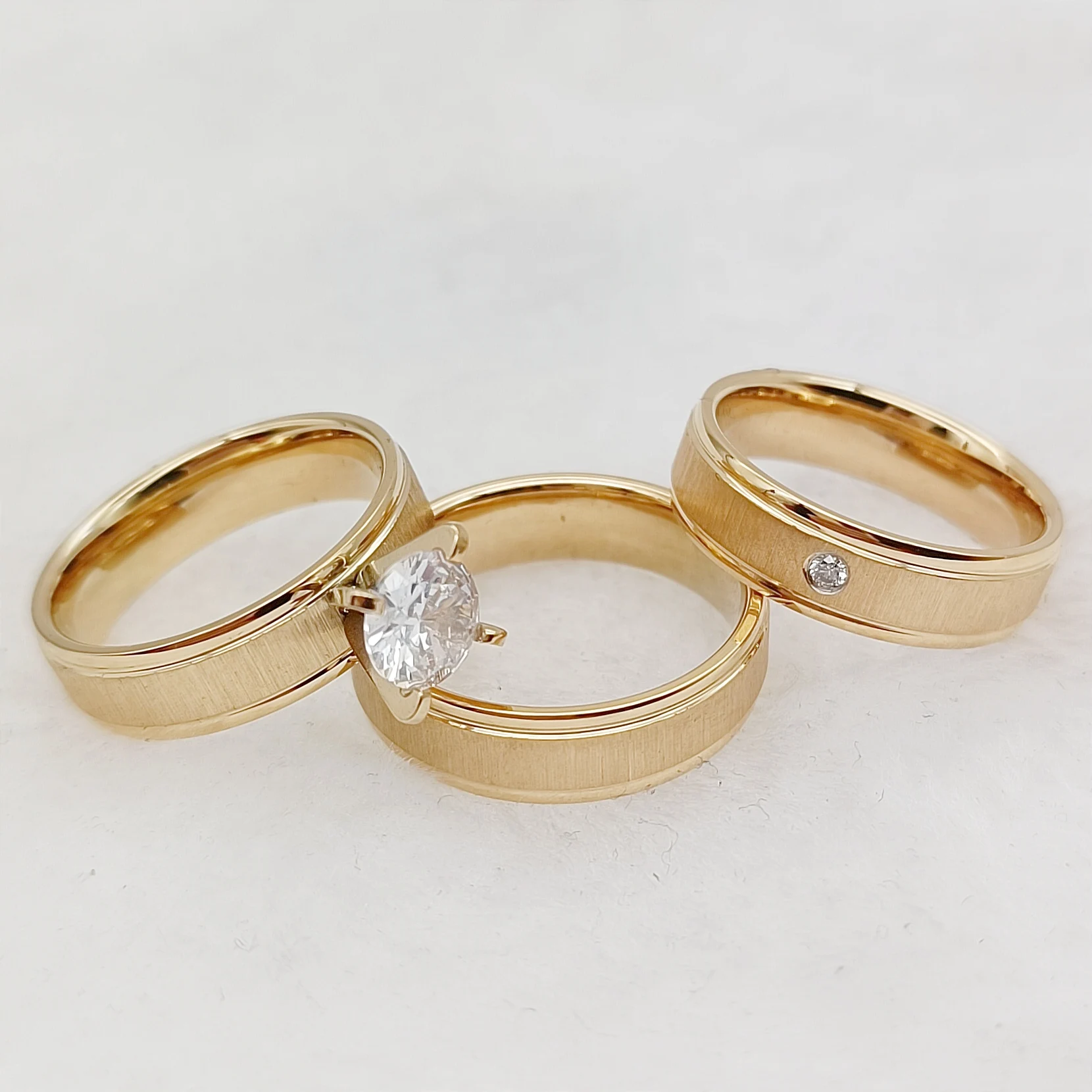 Wholesale 3pcs Wedding Engagement Rings Sets For Couples Designer Matte 24k gold plated jewelry Bridal Marriage Lover\'s Ring