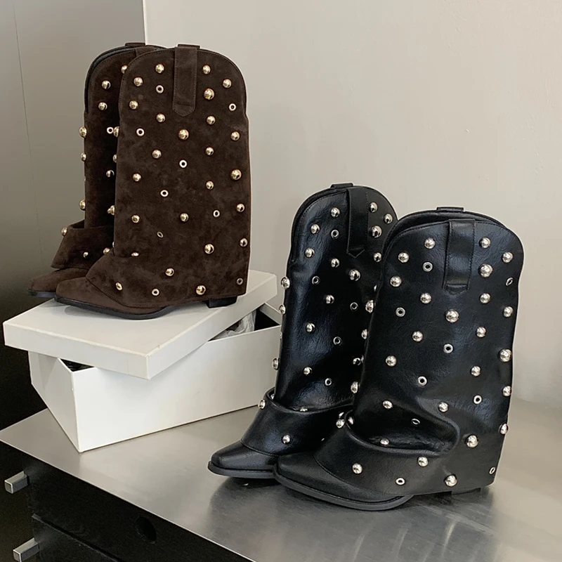 Eilyken 2027 New Winter Vintage Retro Rivet Pleated Women Mid Calf High Boots Pointed Toe Square Heels Designer Botas De Mujer