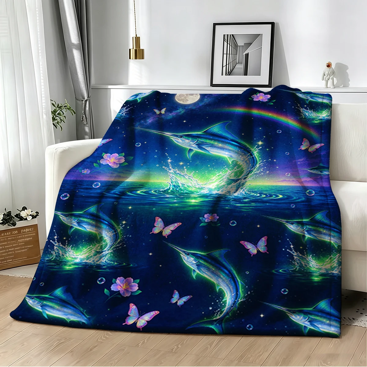 Neon Marlin Meteor Ocean Flannel Blanket Warm Soft Halloween Christmas Decorative Couch Warm Cozy All-Season Gift