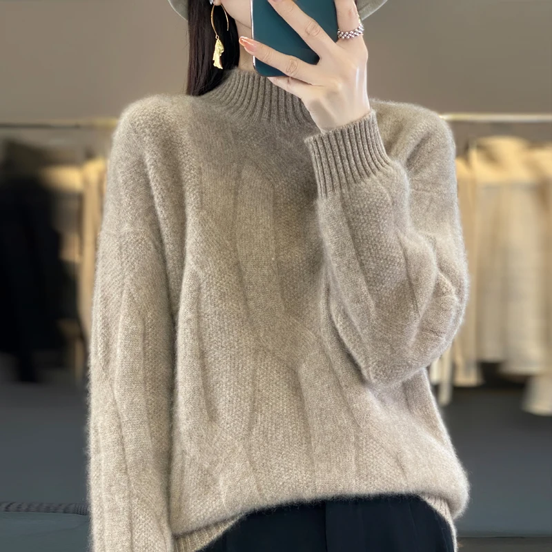 

Autumn Winter Women Thick Warm Half High Neck Sweater 100% Merino Wool Sweater Cable Knit Pullover Blouse Woman Cashmere Sweate