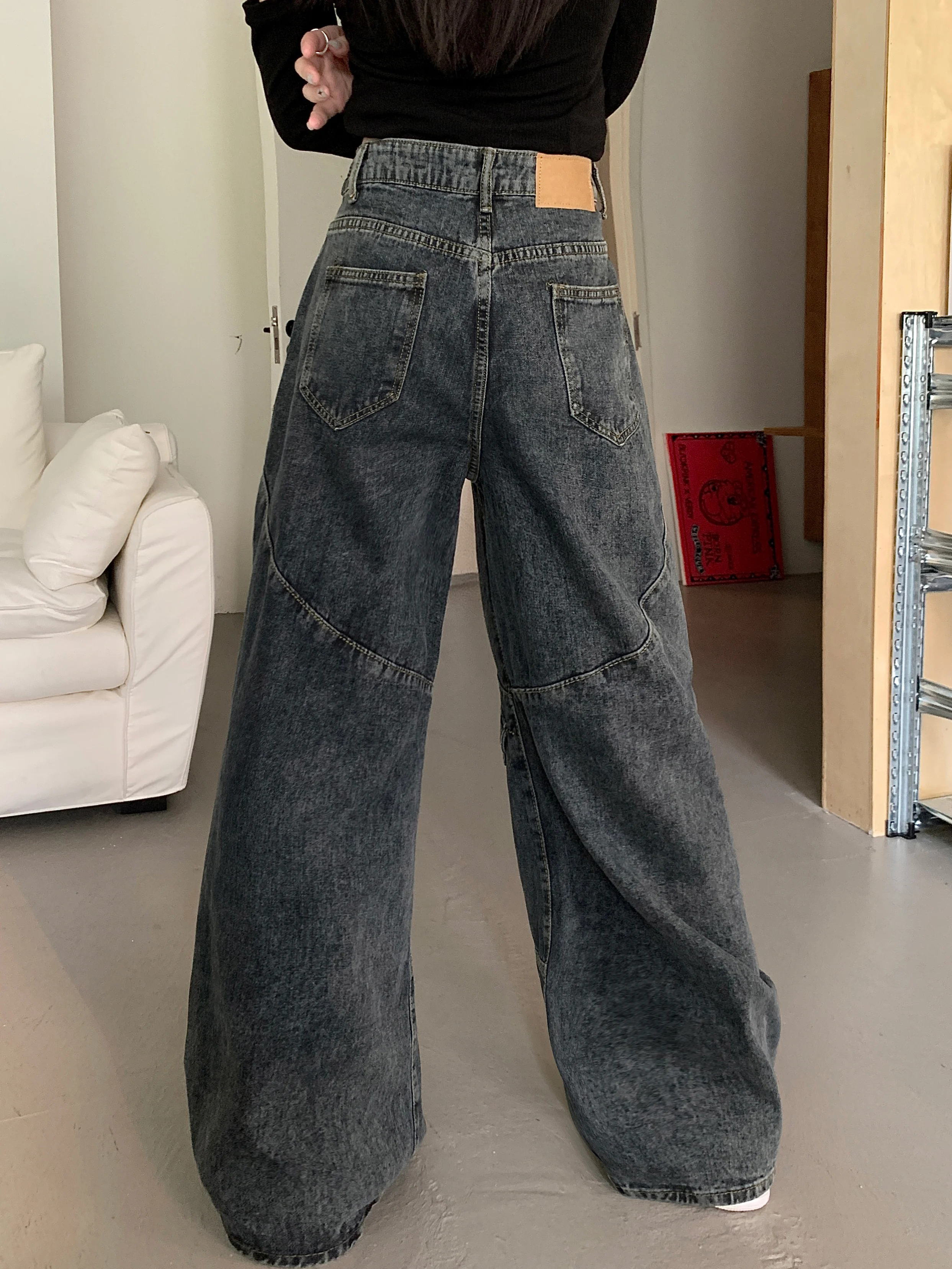 Women's Dark Blue Y2k Cargo Jeans Harajuku Denim Trousers Streetwear Oversize Jean Pants Vintage Aesthetic 2000s Trashy Clothes