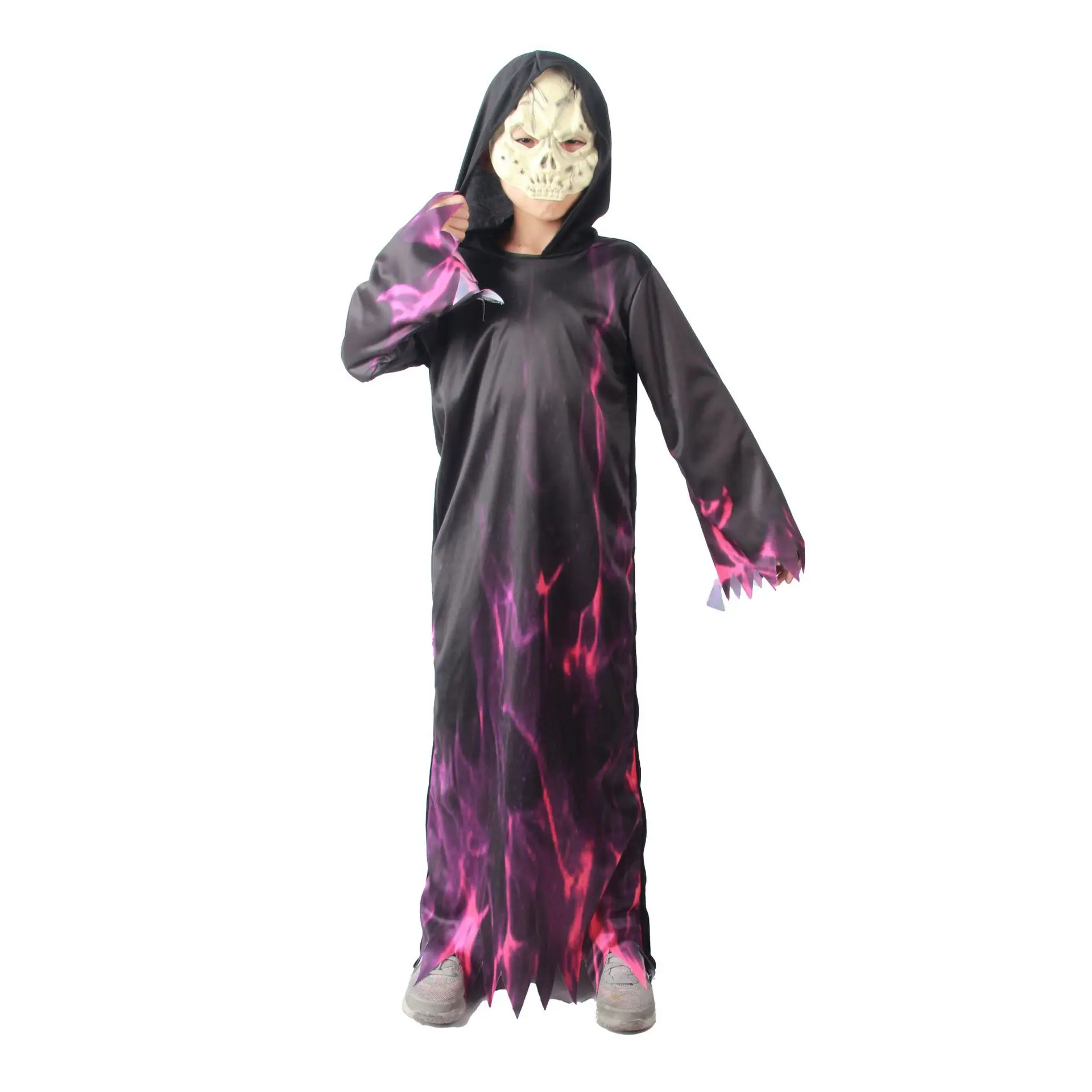 Halloween Grim Reaper Bodysuit, Horror Fire, Morte Cosplay, Capa Preta, Fantasia para Criança, Adulto