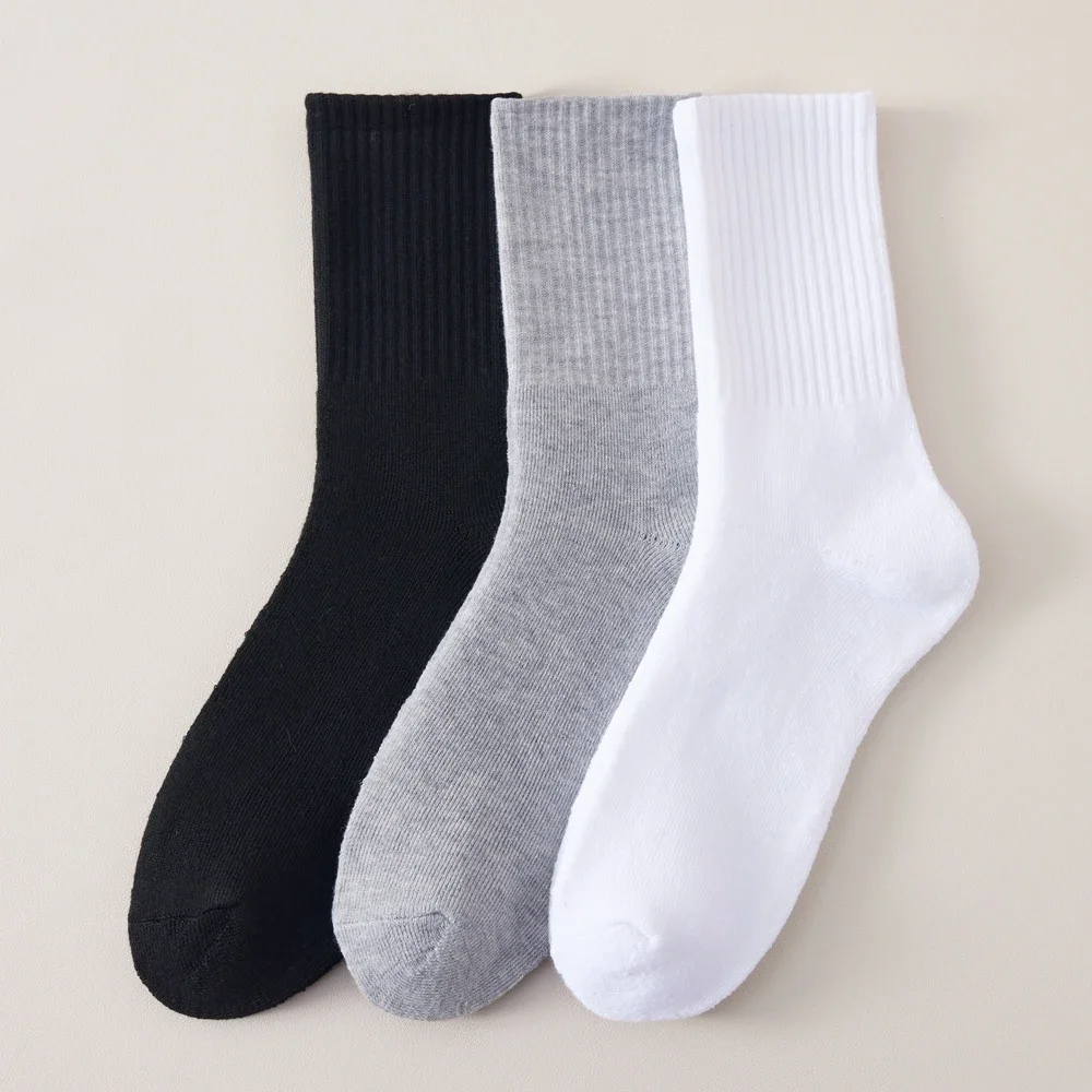 3 Pairs Men Winter Socks Thick Thermal Warm Socks Middle Tube Black White Grey Socks Solid Color