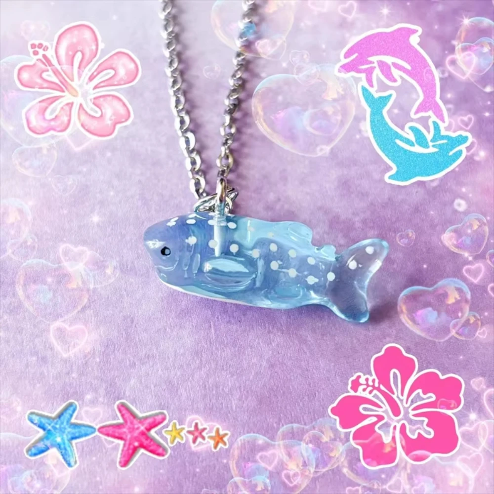 Charming Ocean Fish Pendant Necklace Resin Blue White Whale Shark Charm Chain Cute Dreamy Style Unisex Jewelry Gift