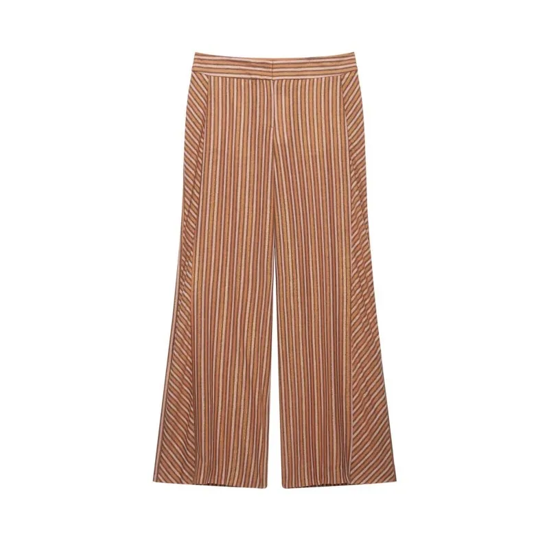 Women's Striped Wide‑leg pants Summer New Mid-waist With Pockets Wide Leg Pants Fashion Casual Vacation Female Loose Pants