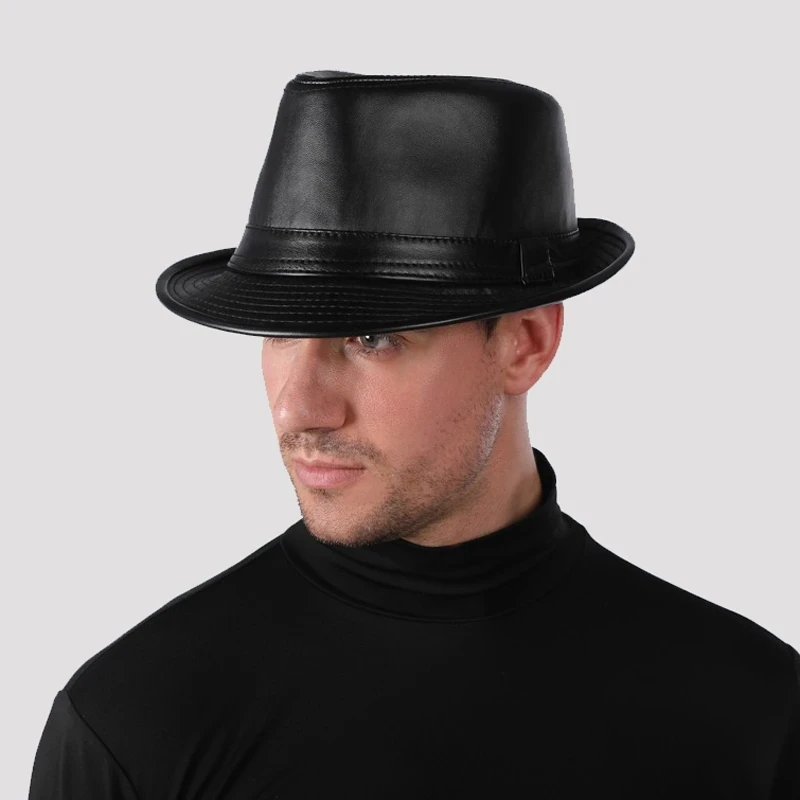 

Man High Quality Genuine Leather Jazz Fedora Gentleman Cow Skin Short Brim Black/Brown Sheepskin Fitted Top Hat Male Shows