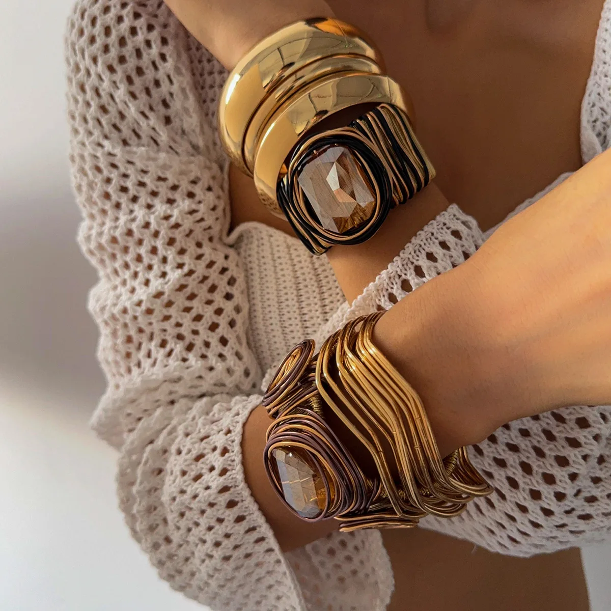 1/3 Pcs Multi-layer Gold Color Metal Bangles for Women Retro Smooth Transparent Glass Cuff Bracelets High-end Hand Jewelry F