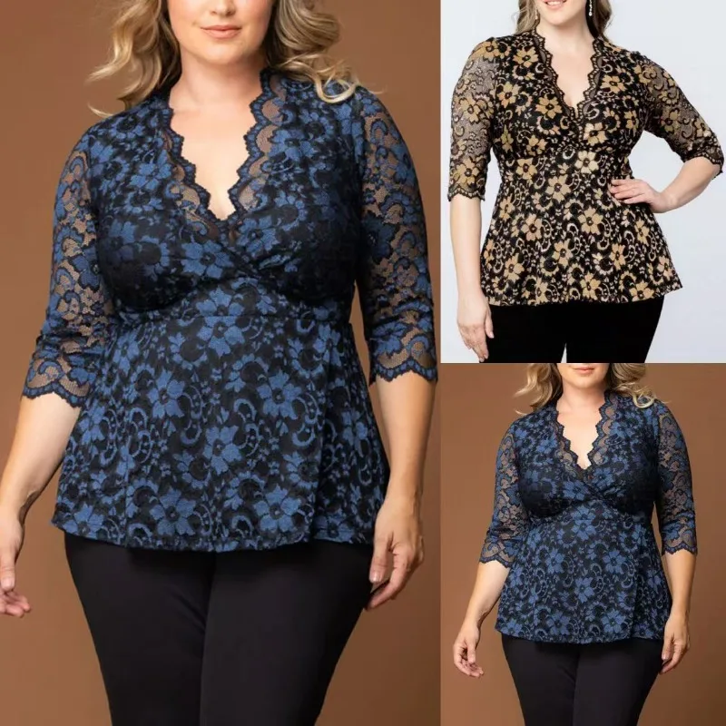 New Plus Size Spice Girl Sexy Deep V-neck Mesh Medium Sleeve Lace Top Women's Pure Desire Slim-fitting Contrasting Top Feminino