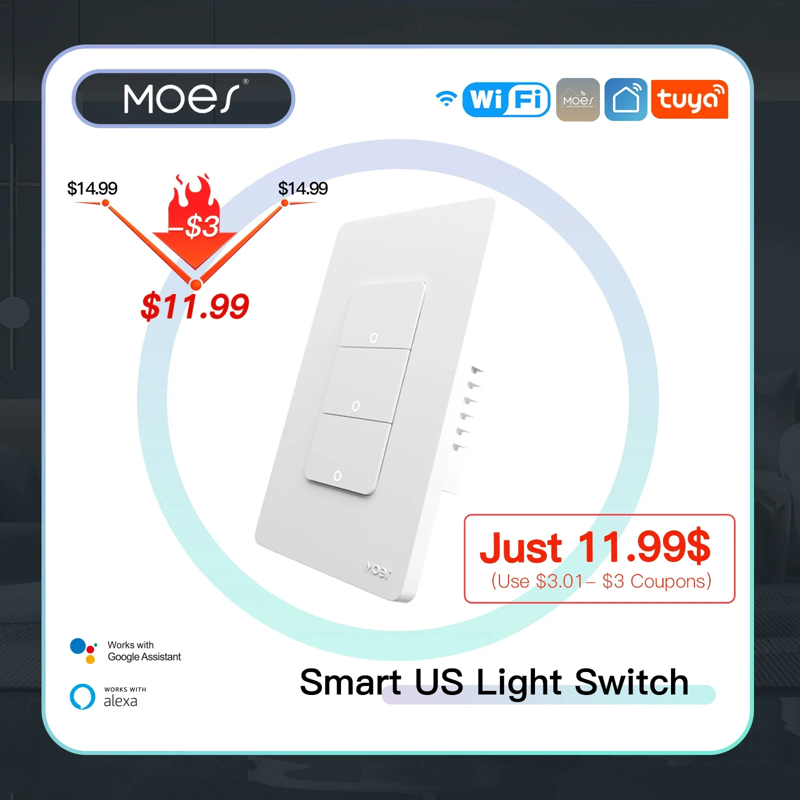 

MOES Tuya Wi-Fi Smart Light Switch US Single Pole Push Button Wall Switch Work With Alexa Google Home Neutral Wire Required